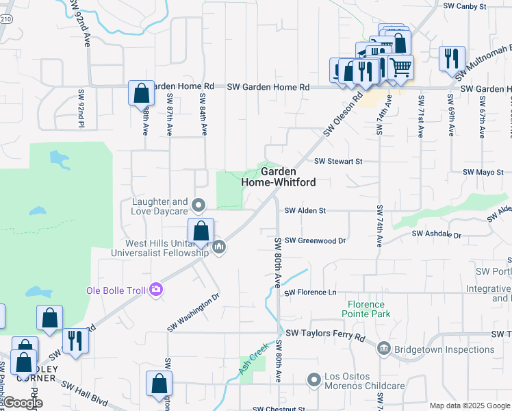 map of restaurants, bars, coffee shops, grocery stores, and more near 8220 Southwest Oleson Road in Portland