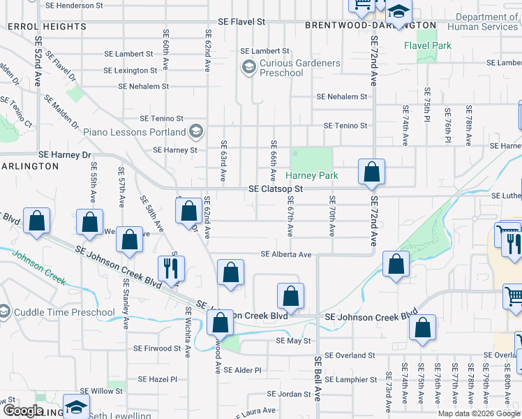 map of restaurants, bars, coffee shops, grocery stores, and more near 8610 Southeast 65th Avenue in Portland