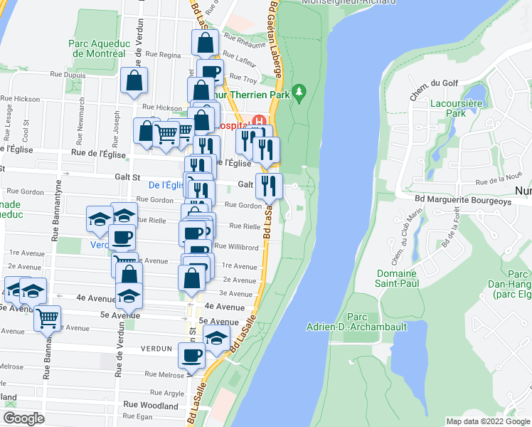 map of restaurants, bars, coffee shops, grocery stores, and more near 4325 Boulevard LaSalle in Montréal