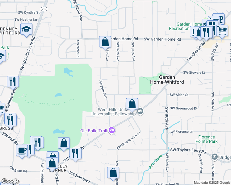 map of restaurants, bars, coffee shops, grocery stores, and more near 8235 Southwest 87th Avenue in Portland