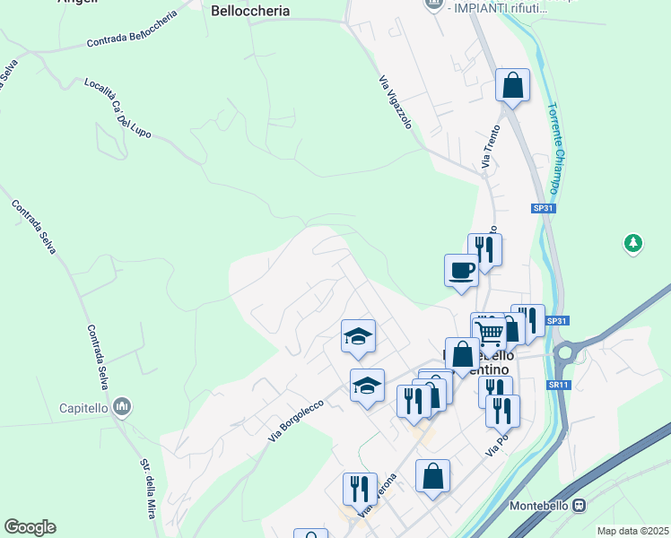 map of restaurants, bars, coffee shops, grocery stores, and more near 47 Via Manzoni in Montebello Vicentino