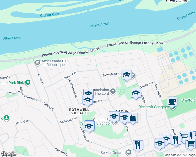 map of restaurants, bars, coffee shops, grocery stores, and more near in Ottawa