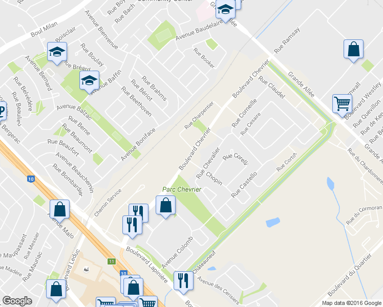 map of restaurants, bars, coffee shops, grocery stores, and more near 6245 Boulevard Chevrier in Brossard