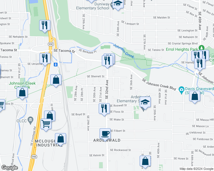 map of restaurants, bars, coffee shops, grocery stores, and more near Southeast Van Waters Street in Clackamas County