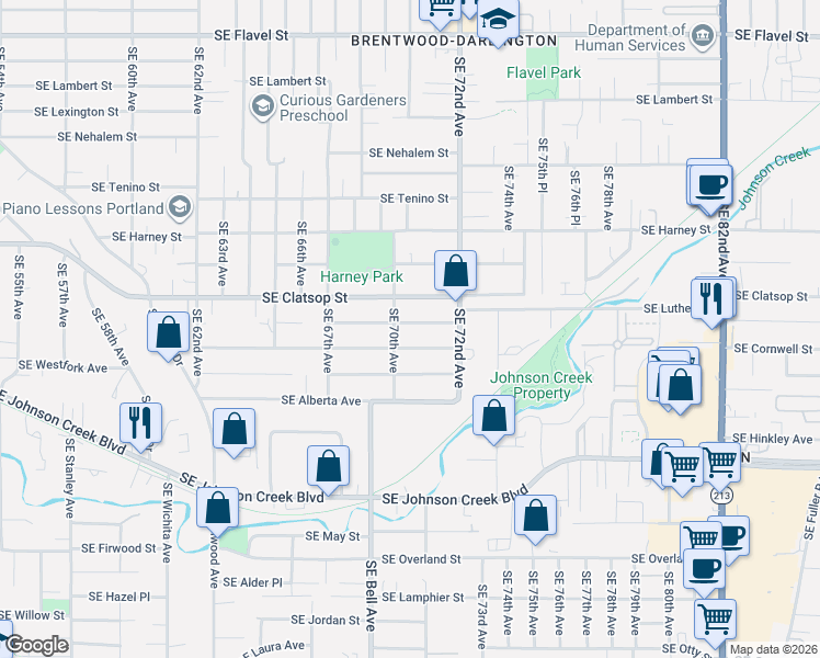 map of restaurants, bars, coffee shops, grocery stores, and more near 7052 Southeast Fir Avenue in Portland