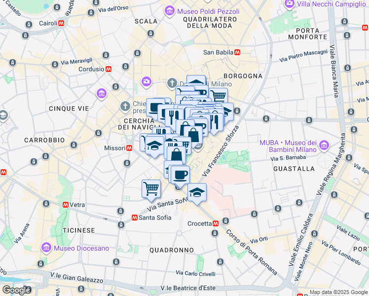 map of restaurants, bars, coffee shops, grocery stores, and more near 1 Largo Francesco Richini in Milan