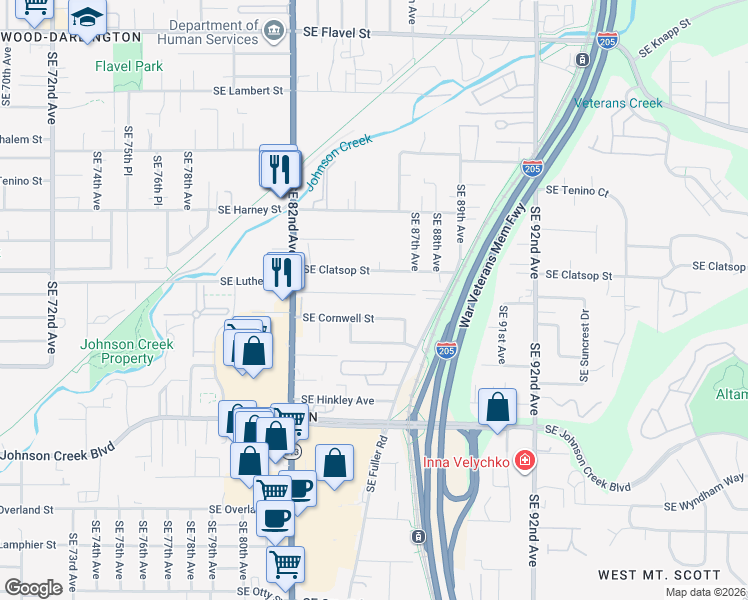 map of restaurants, bars, coffee shops, grocery stores, and more near 8538 Southeast Gray Street in Happy Valley