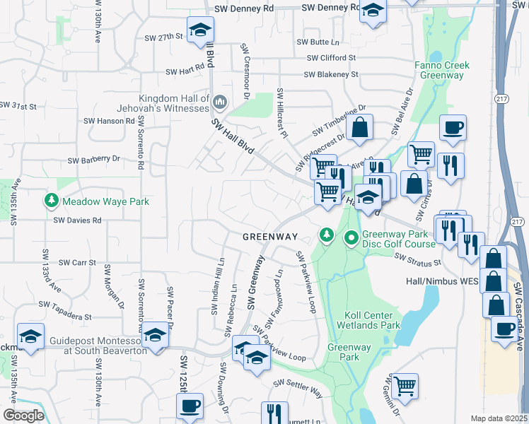 map of restaurants, bars, coffee shops, grocery stores, and more near 12134 Southwest Walden Lane in Beaverton