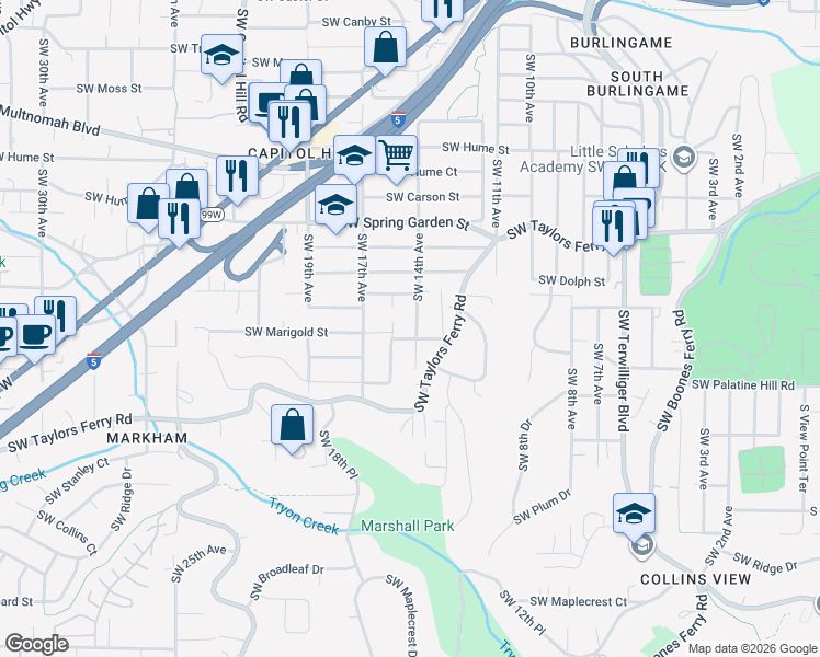 map of restaurants, bars, coffee shops, grocery stores, and more near 8938 Southwest 15th Avenue in Portland