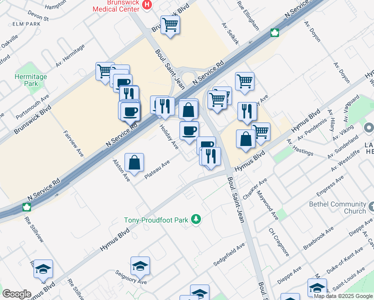 map of restaurants, bars, coffee shops, grocery stores, and more near 1 Avenue Holiday in Pointe-Claire
