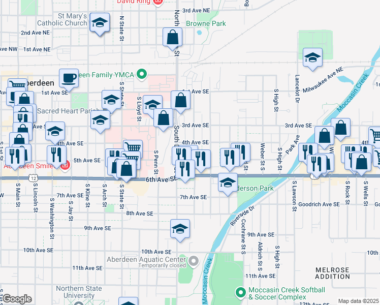 map of restaurants, bars, coffee shops, grocery stores, and more near 416 South Jackson Street in Aberdeen