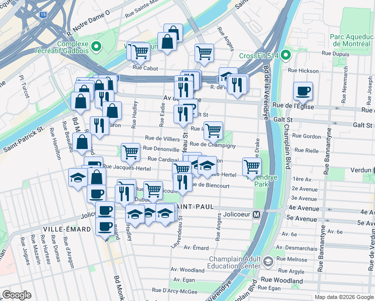 map of restaurants, bars, coffee shops, grocery stores, and more near 5740 Laurendeau Street in Montreal