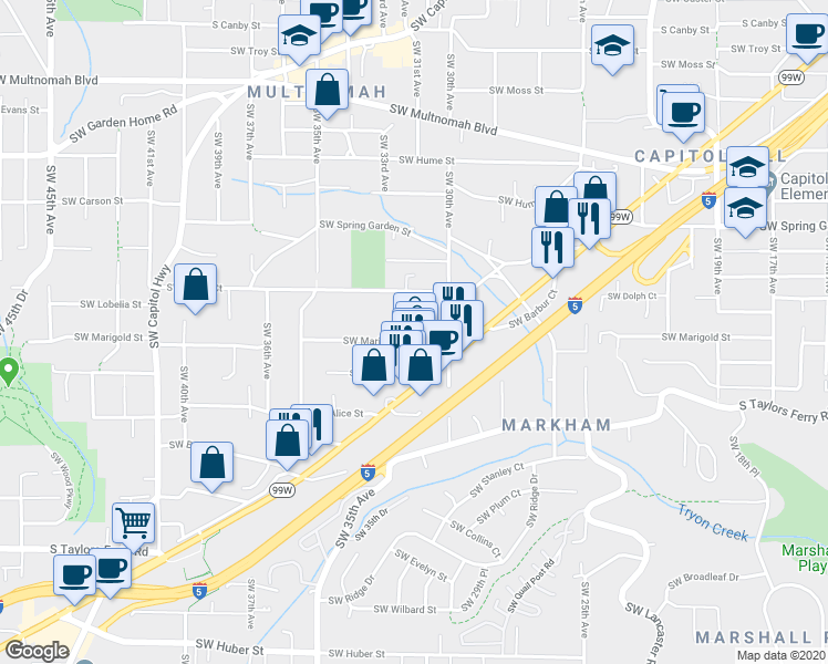 map of restaurants, bars, coffee shops, grocery stores, and more near 9045 Southwest Barbur Boulevard in Portland