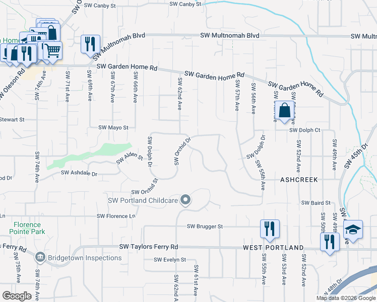 map of restaurants, bars, coffee shops, grocery stores, and more near 6122 Southwest Orchid Drive in Portland