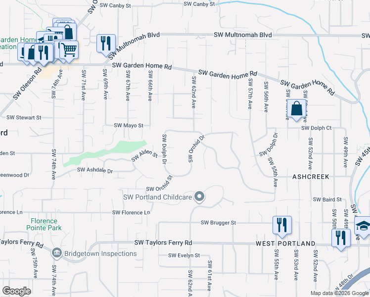 map of restaurants, bars, coffee shops, grocery stores, and more near 6320 Southwest Merlin Court in Portland