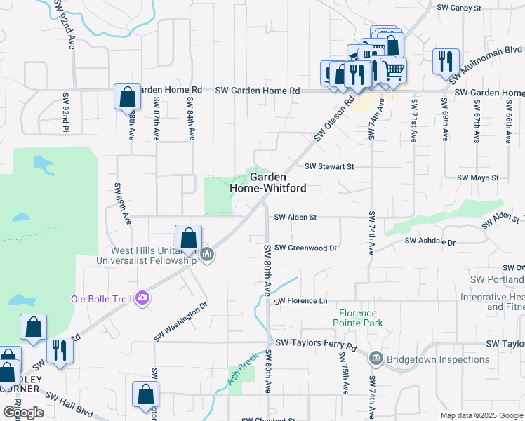map of restaurants, bars, coffee shops, grocery stores, and more near 8220 Southwest Oleson Road in Portland