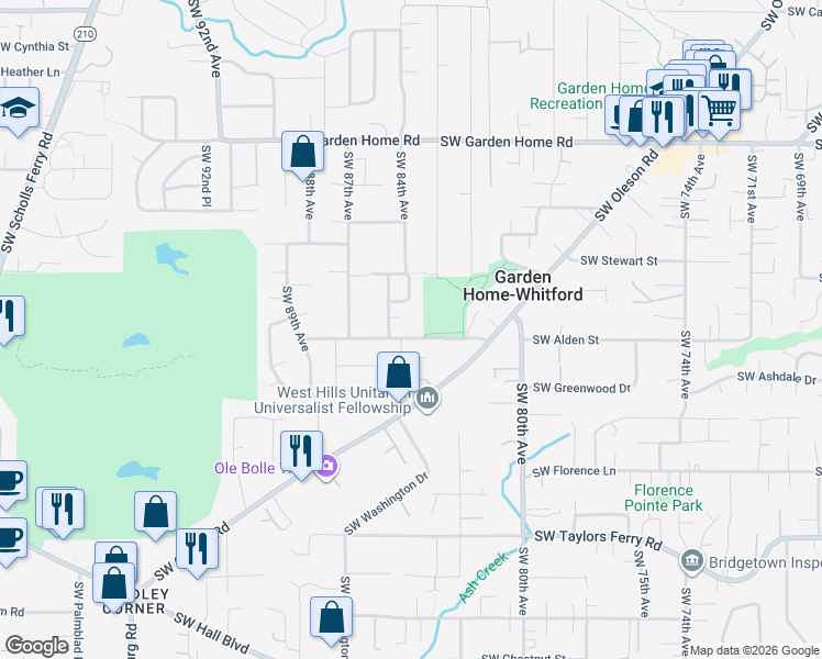 map of restaurants, bars, coffee shops, grocery stores, and more near 8405 Southwest Alden Street in Portland