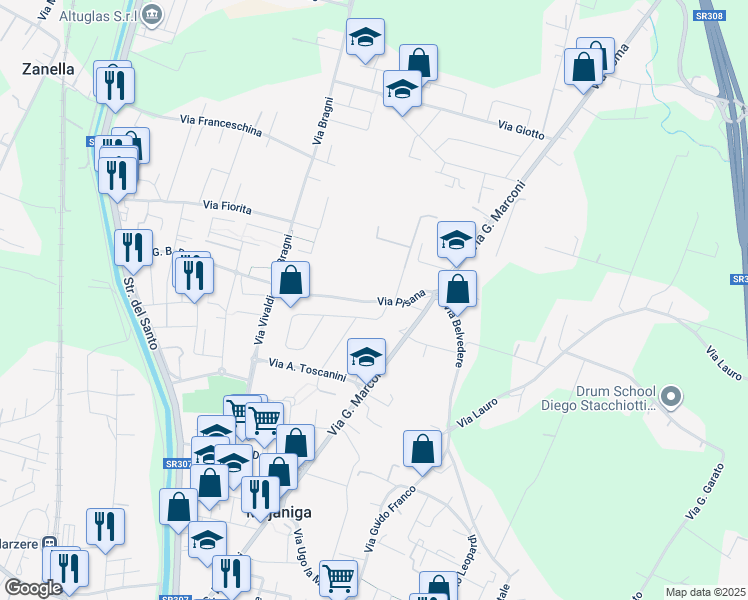 map of restaurants, bars, coffee shops, grocery stores, and more near 2 Via P. Mascagni in Mejaniga