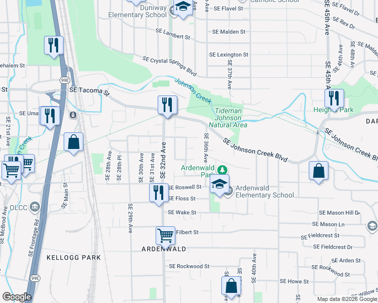 map of restaurants, bars, coffee shops, grocery stores, and more near 8616 Southeast 34th Avenue in Milwaukie