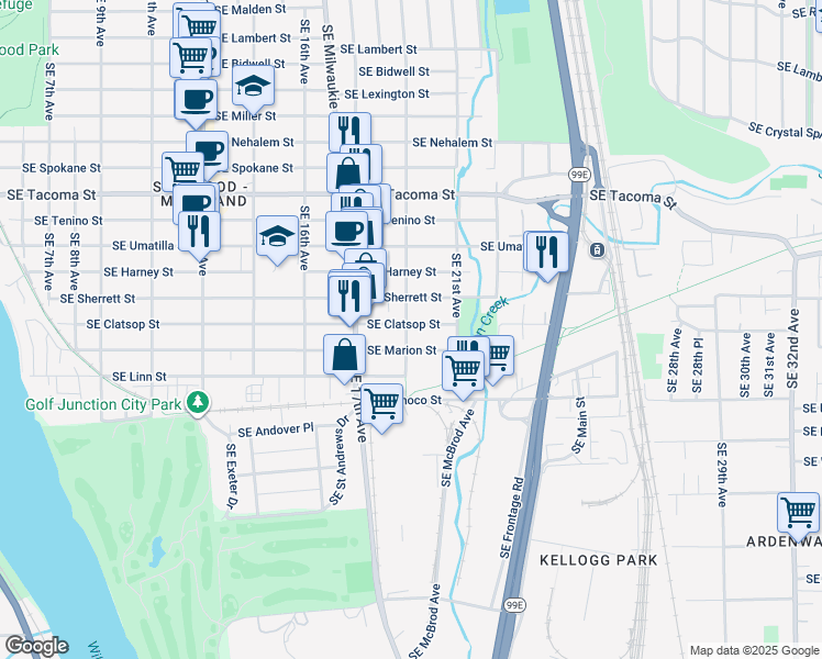 map of restaurants, bars, coffee shops, grocery stores, and more near 8608 Southeast 19th Avenue in Portland