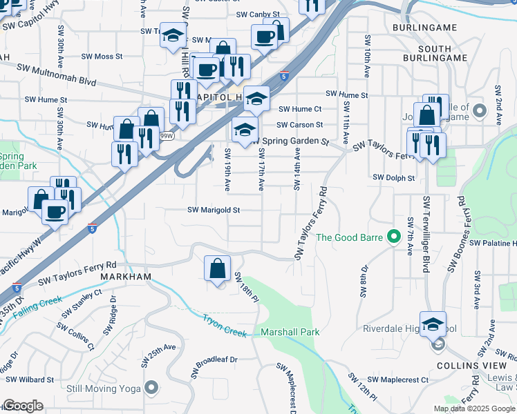 map of restaurants, bars, coffee shops, grocery stores, and more near 1703 Southwest Marigold Street in Portland