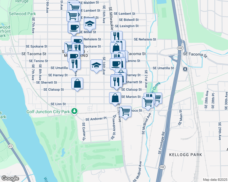 map of restaurants, bars, coffee shops, grocery stores, and more near 1666 Southeast Clatsop Street in Portland