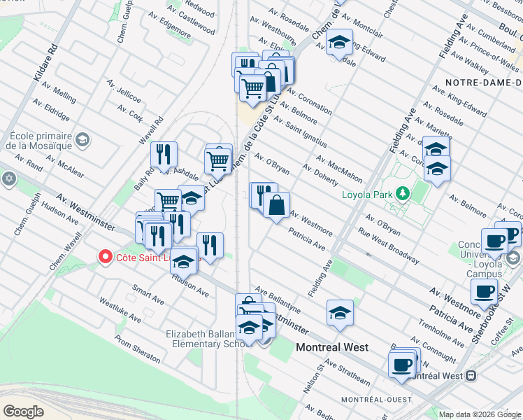 map of restaurants, bars, coffee shops, grocery stores, and more near 5347 Avenue Patricia in Montréal
