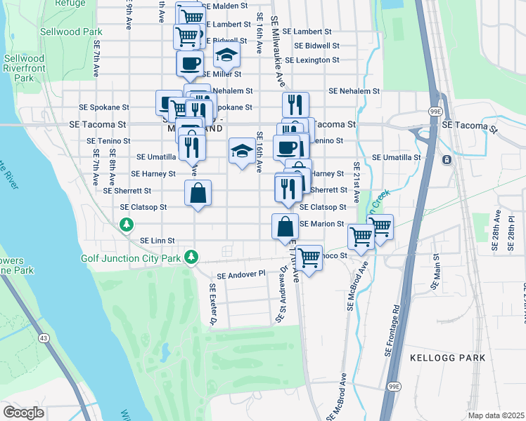 map of restaurants, bars, coffee shops, grocery stores, and more near 8602 Southeast 16th Avenue in Portland