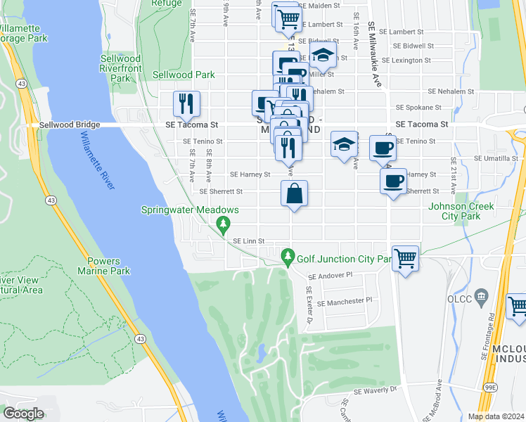 map of restaurants, bars, coffee shops, grocery stores, and more near 8604 Southeast 11th Avenue in Portland