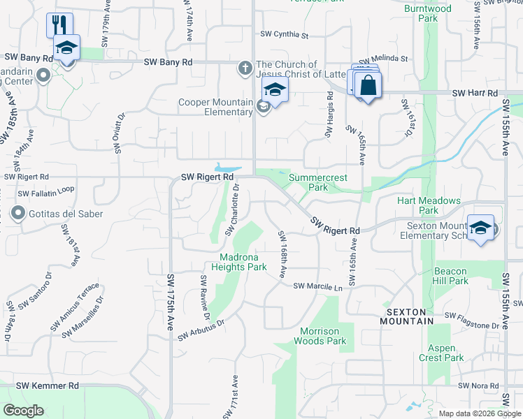 map of restaurants, bars, coffee shops, grocery stores, and more near 8193 Southwest 168th Avenue in Beaverton