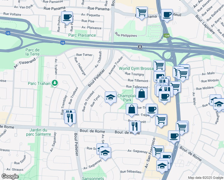 map of restaurants, bars, coffee shops, grocery stores, and more near 7475 Rue Tunisie in Brossard