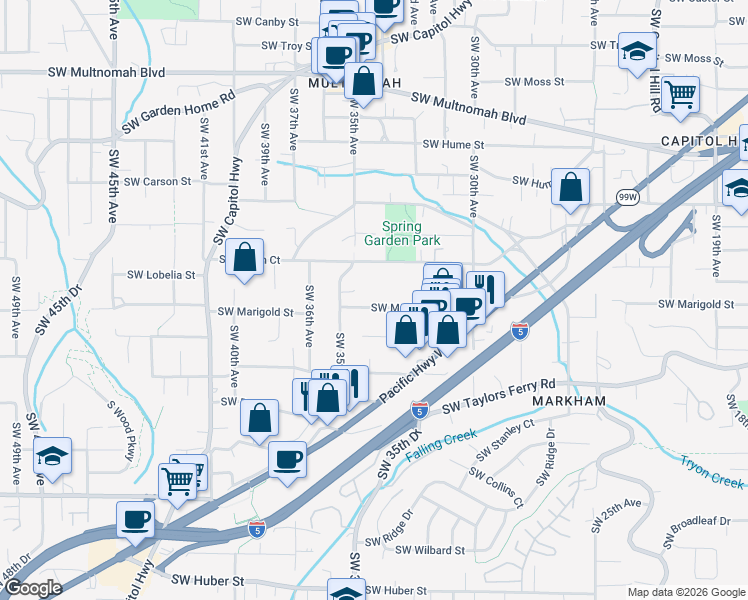 map of restaurants, bars, coffee shops, grocery stores, and more near 3409 Southwest Marigold Street in Portland