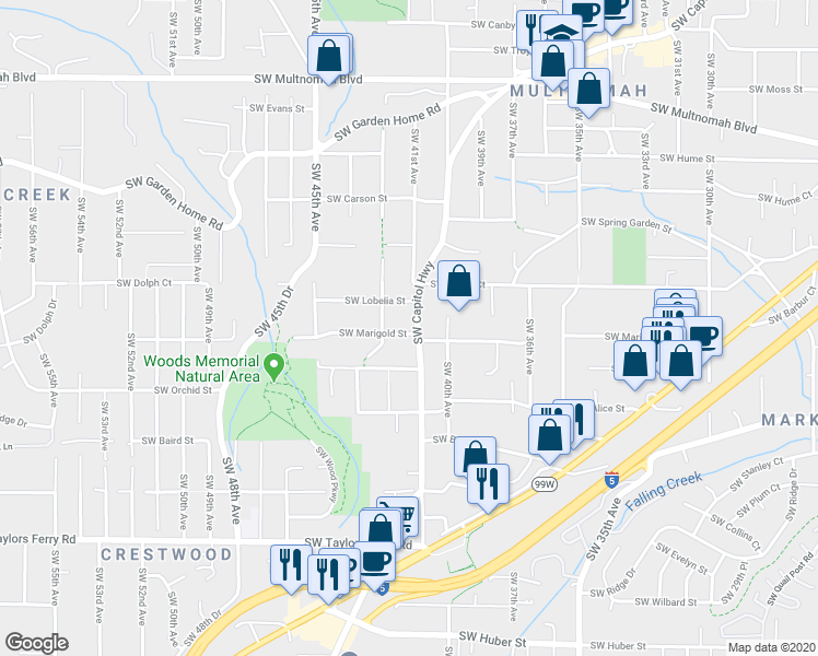 map of restaurants, bars, coffee shops, grocery stores, and more near 4107 Southwest Marigold Street in Portland