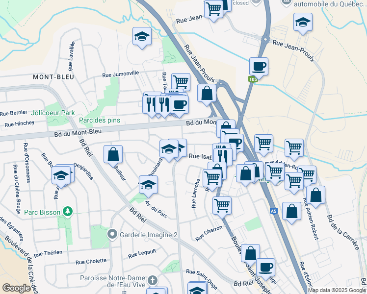 map of restaurants, bars, coffee shops, grocery stores, and more near 54 Rue Chouinard in Gatineau