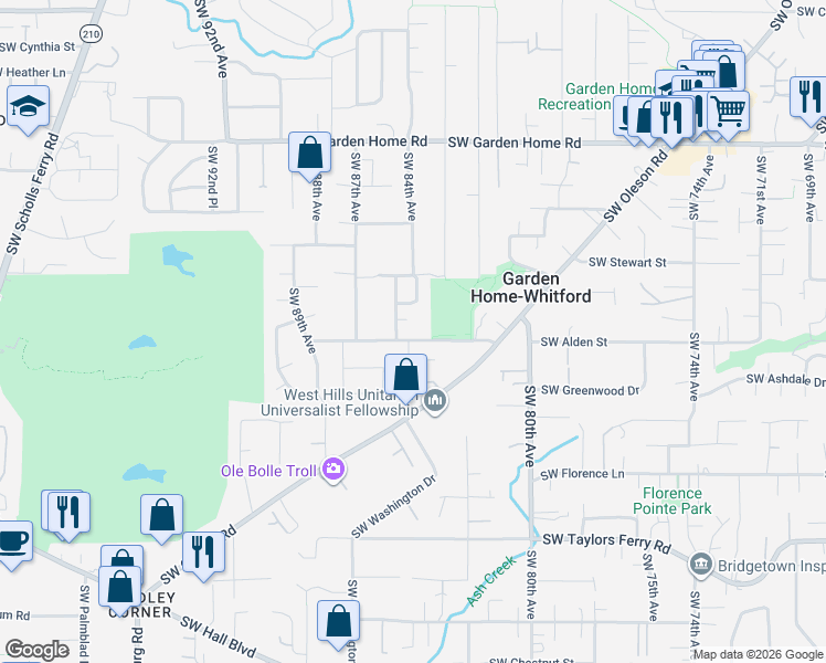 map of restaurants, bars, coffee shops, grocery stores, and more near 8449 Southwest Alden Street in Portland