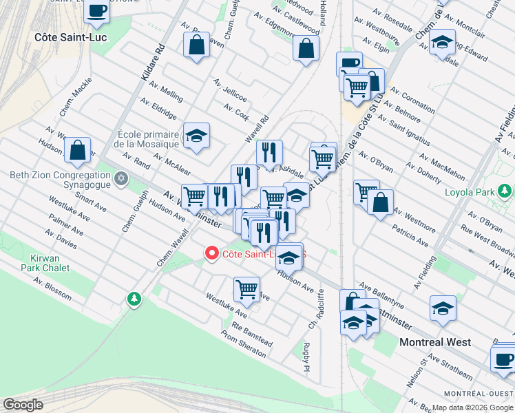 map of restaurants, bars, coffee shops, grocery stores, and more near 7928 Chemin Kingsley in Côte Saint-Luc