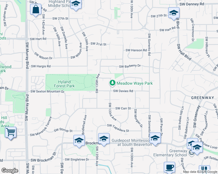 map of restaurants, bars, coffee shops, grocery stores, and more near 13335 Southwest Davies Road in Beaverton