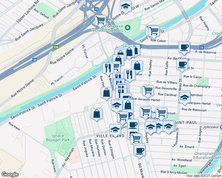 map of restaurants, bars, coffee shops, grocery stores, and more near 5809 Boulevard Monk in Montréal