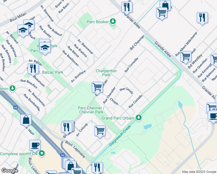 map of restaurants, bars, coffee shops, grocery stores, and more near 6195 Boulevard Chevrier in Brossard