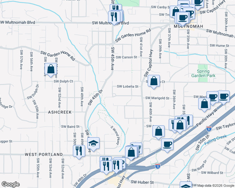 map of restaurants, bars, coffee shops, grocery stores, and more near 4407 Southwest Marigold Street in Portland