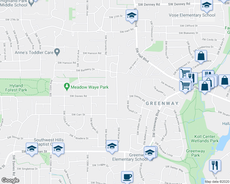 map of restaurants, bars, coffee shops, grocery stores, and more near 8175 Southwest Connemara Terrace in Beaverton