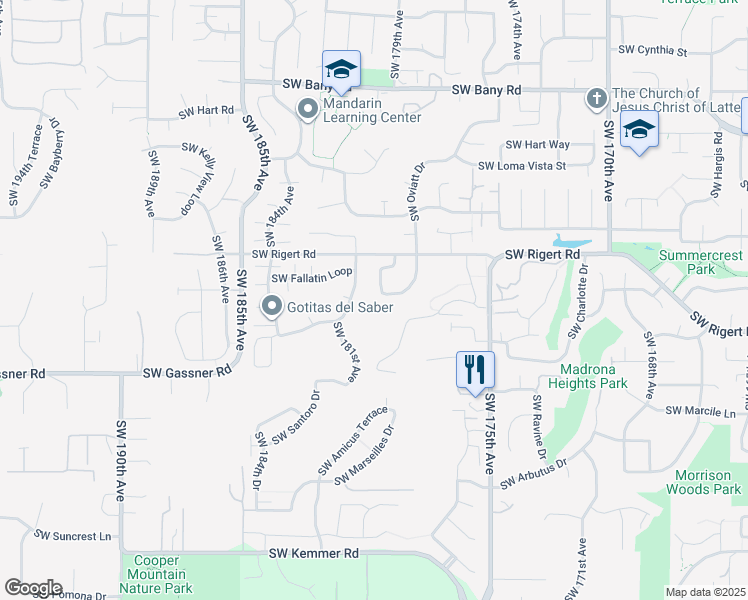 map of restaurants, bars, coffee shops, grocery stores, and more near 17854 Southwest Bryan Way in Beaverton