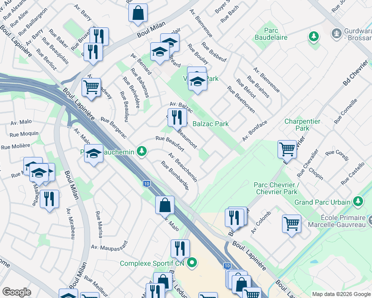 map of restaurants, bars, coffee shops, grocery stores, and more near 3880 Rue Beaufort in Brossard