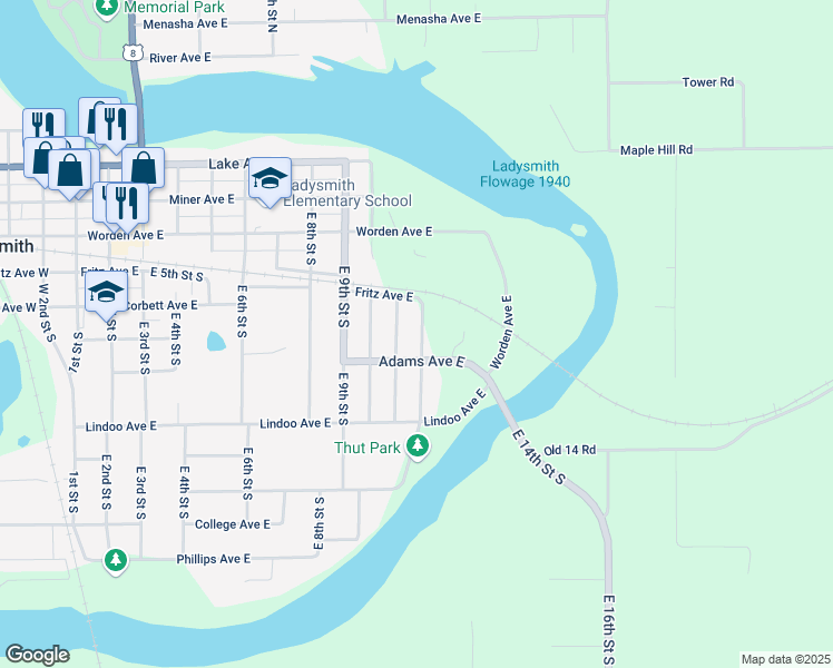 map of restaurants, bars, coffee shops, grocery stores, and more near 406 East 12th Street South in Ladysmith