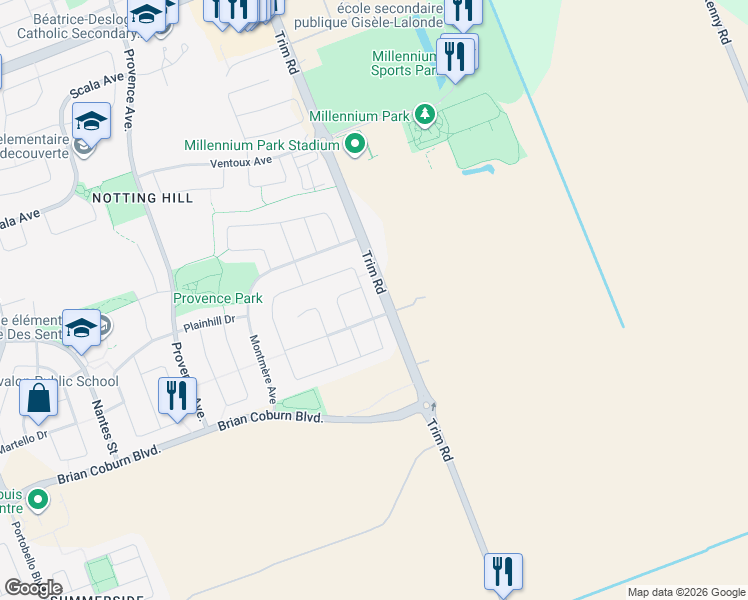 map of restaurants, bars, coffee shops, grocery stores, and more near 1099 Fieldfair Way in Ottawa