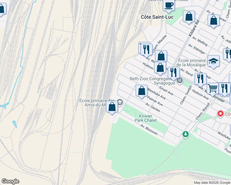 map of restaurants, bars, coffee shops, grocery stores, and more near 8141 Chemin Mather in Côte Saint-Luc