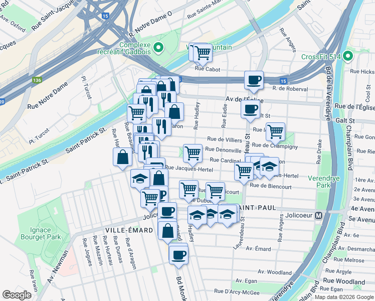 map of restaurants, bars, coffee shops, grocery stores, and more near 2124 Rue Denonville in Montréal