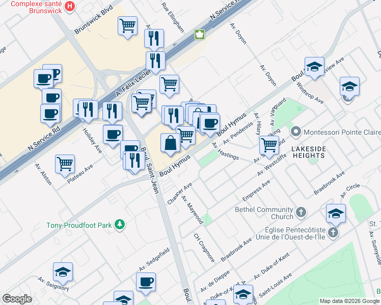 map of restaurants, bars, coffee shops, grocery stores, and more near 189 Boulevard Hymus in Pointe-Claire