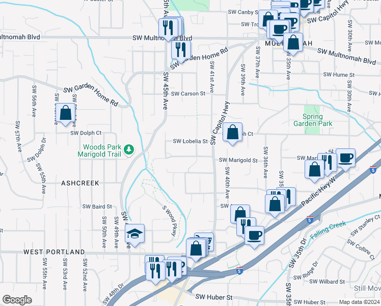 map of restaurants, bars, coffee shops, grocery stores, and more near 4219 Southwest Marigold Street in Portland