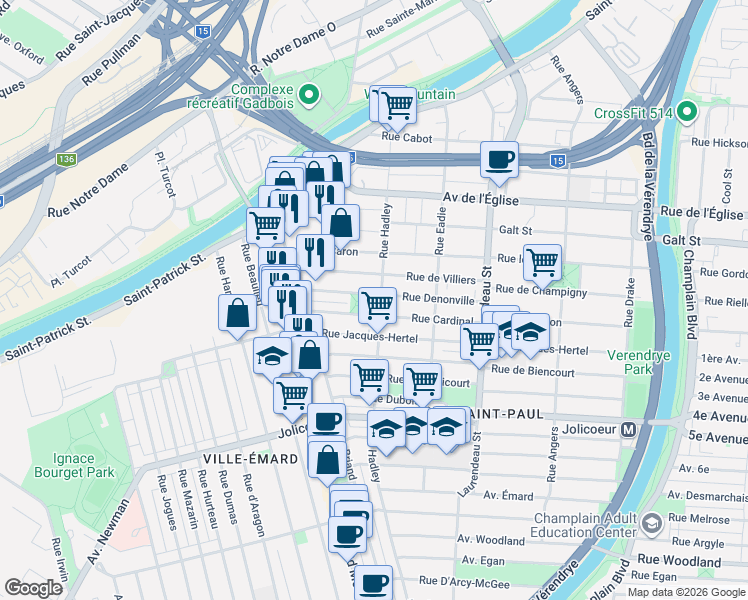map of restaurants, bars, coffee shops, grocery stores, and more near 5757 Rue Hadley in Montrã©Al